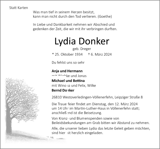 Traueranzeige von Lydia Donker von Neue Osnabrücker Zeitung GmbH & Co. KG