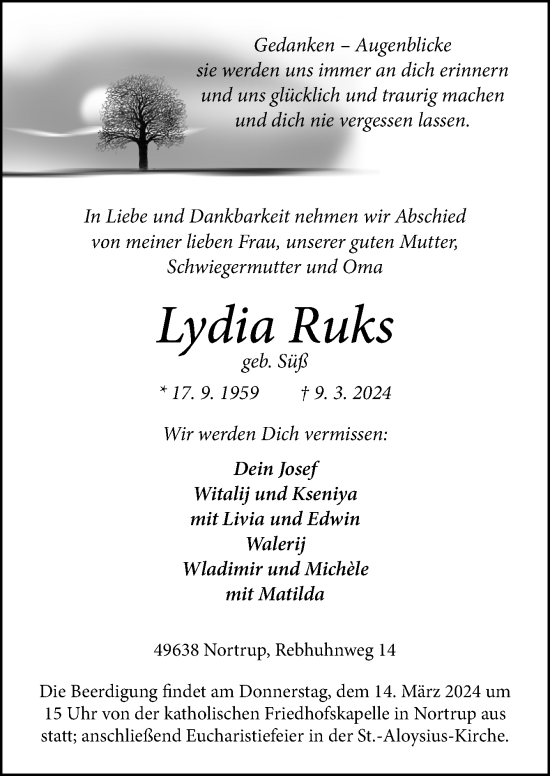 Traueranzeige von Lydia Ruks von Neue Osnabrücker Zeitung GmbH & Co. KG