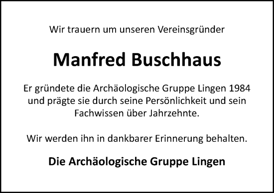 Traueranzeige von Manfred Buschhaus von Neue Osnabrücker Zeitung GmbH & Co. KG