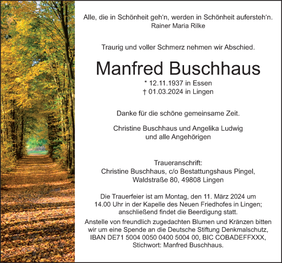 Traueranzeige von Manfred Buschhaus von Neue Osnabrücker Zeitung GmbH & Co. KG