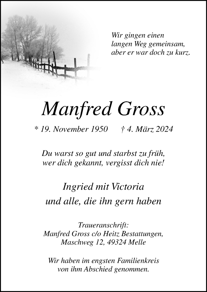  Traueranzeige für Manfred Gross vom 23.03.2024 aus Neue Osnabrücker Zeitung GmbH & Co. KG