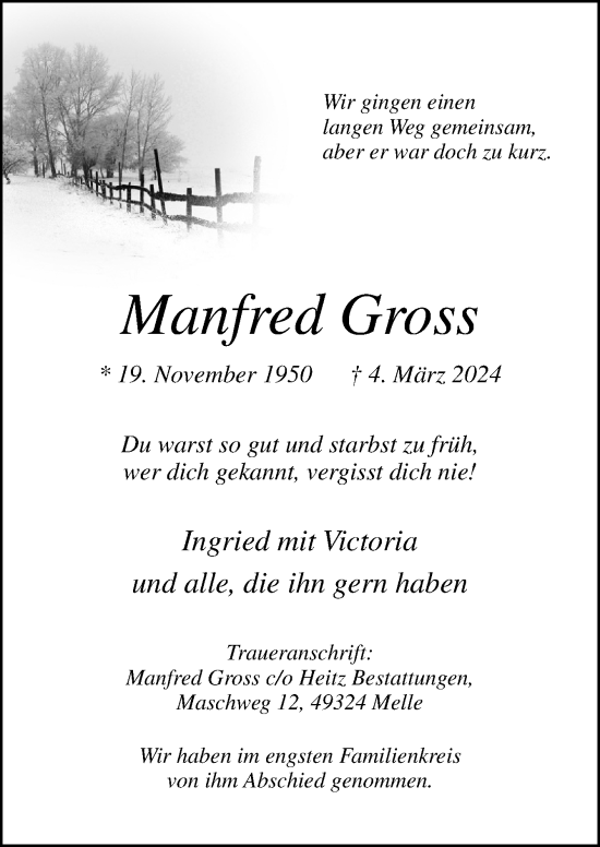 Traueranzeige von Manfred Gross von Neue Osnabrücker Zeitung GmbH & Co. KG