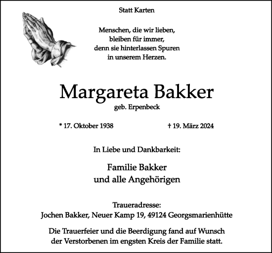 Traueranzeige von Margareta Bakker von Neue Osnabrücker Zeitung GmbH & Co. KG