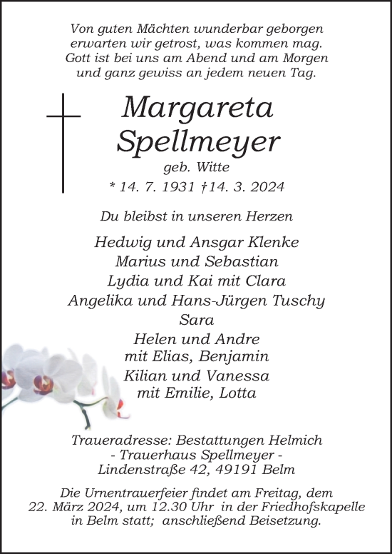 Traueranzeige von Margareta Spellmeyer von Neue Osnabrücker Zeitung GmbH & Co. KG