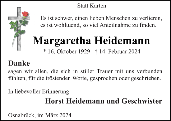 Traueranzeige von Margaretha Heidemann von Neue Osnabrücker Zeitung GmbH & Co. KG