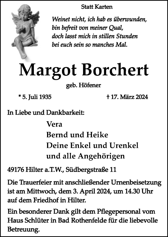 Traueranzeige von Margot Borchert von Neue Osnabrücker Zeitung GmbH & Co. KG