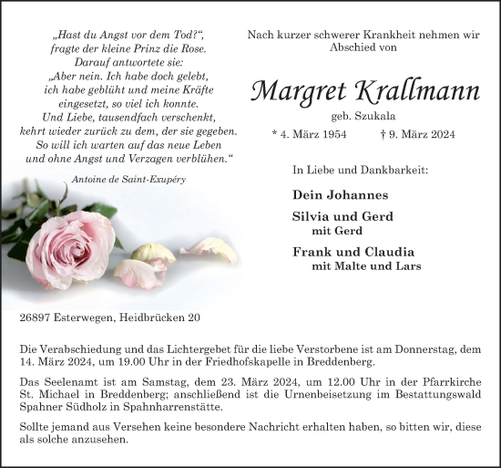 Traueranzeige von Margret Krallmann von Neue Osnabrücker Zeitung GmbH & Co. KG