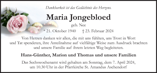 Traueranzeige von Maria Jongebloed von Neue Osnabrücker Zeitung GmbH & Co. KG