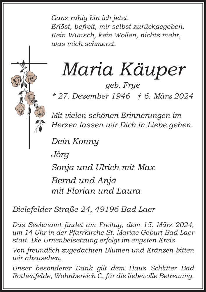  Traueranzeige für Maria Käuper vom 12.03.2024 aus Neue Osnabrücker Zeitung GmbH & Co. KG