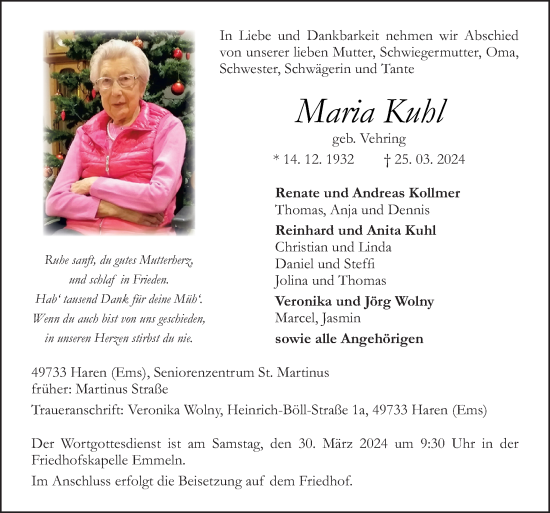 Traueranzeige von Maria Kuhl von Neue Osnabrücker Zeitung GmbH & Co. KG