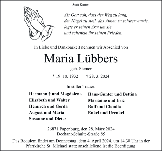 Traueranzeige von Maria Lübbers von Neue Osnabrücker Zeitung GmbH & Co. KG