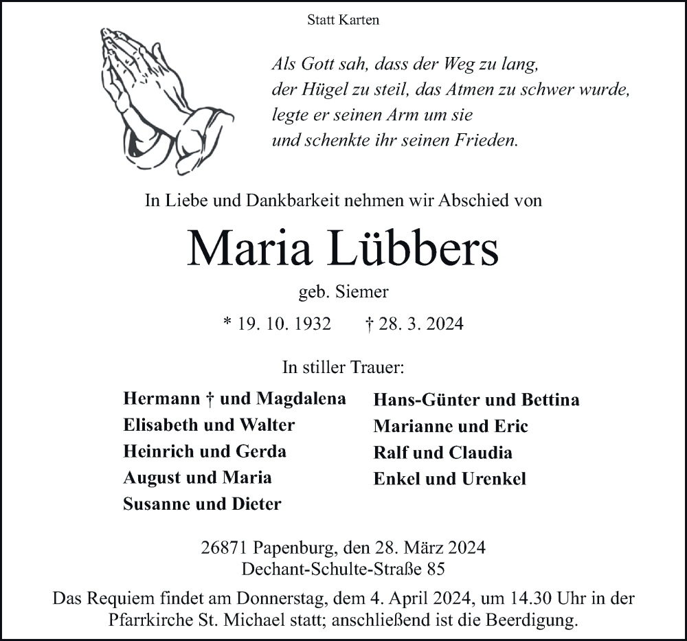  Traueranzeige für Maria Lübbers vom 30.03.2024 aus Neue Osnabrücker Zeitung GmbH & Co. KG