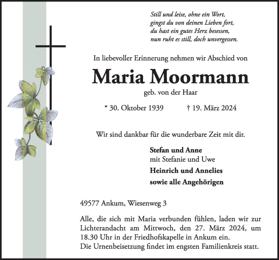 Traueranzeige von Maria Moormann von Neue Osnabrücker Zeitung GmbH & Co. KG