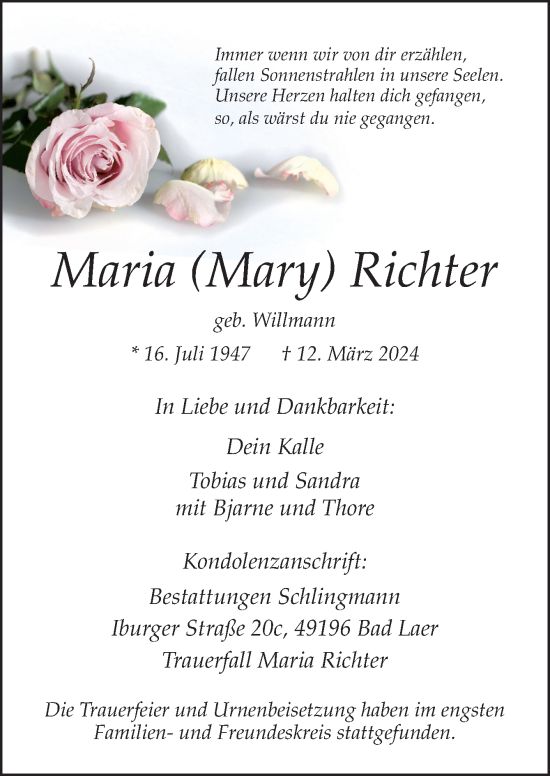 Traueranzeige von Maria Richter von Neue Osnabrücker Zeitung GmbH & Co. KG