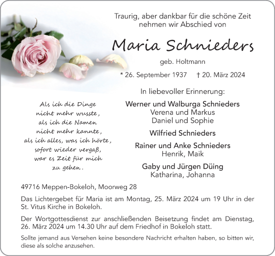 Traueranzeige von Maria Schnieders von Neue Osnabrücker Zeitung GmbH & Co. KG