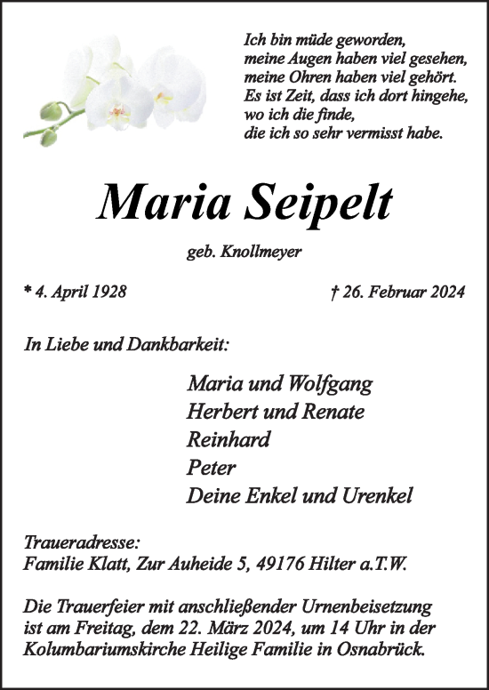 Traueranzeige von Maria Seipelt von Neue Osnabrücker Zeitung GmbH & Co. KG