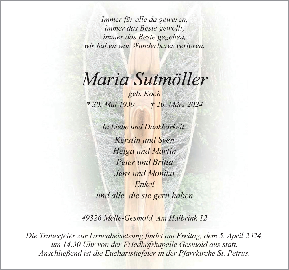  Traueranzeige für Maria Sutmöller vom 30.03.2024 aus Neue Osnabrücker Zeitung GmbH & Co. KG