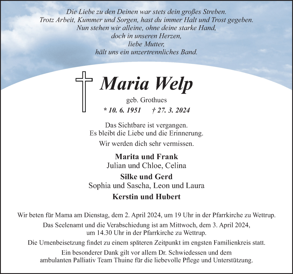  Traueranzeige für Maria Welp vom 30.03.2024 aus Neue Osnabrücker Zeitung GmbH & Co. KG