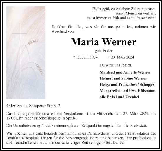 Traueranzeige von Maria Werner von Neue Osnabrücker Zeitung GmbH & Co. KG