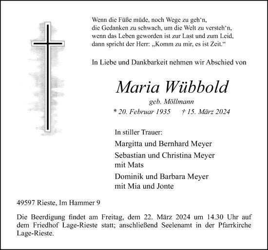 Traueranzeige von Maria Wübbold von Neue Osnabrücker Zeitung GmbH & Co. KG
