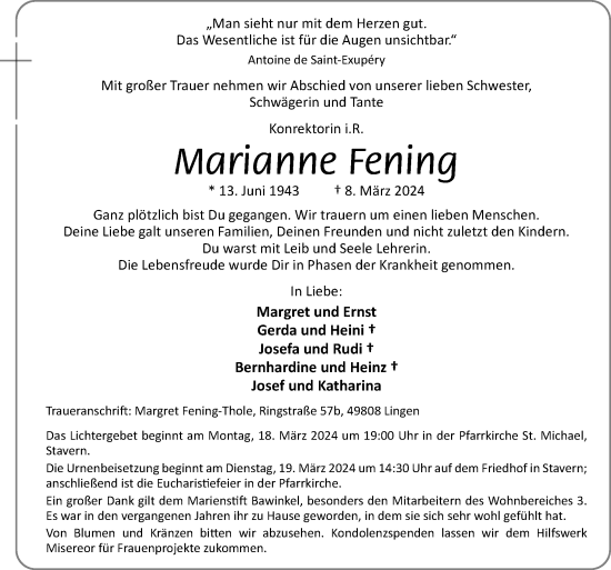 Traueranzeige von Marianne Fening von Neue Osnabrücker Zeitung GmbH & Co. KG
