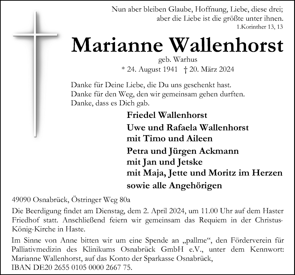  Traueranzeige für Marianne Wallenhorst vom 23.03.2024 aus Neue Osnabrücker Zeitung GmbH & Co. KG