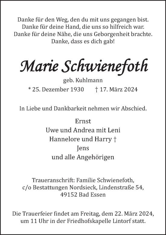 Traueranzeige von Marie Schwienefoth von Neue Osnabrücker Zeitung GmbH & Co. KG
