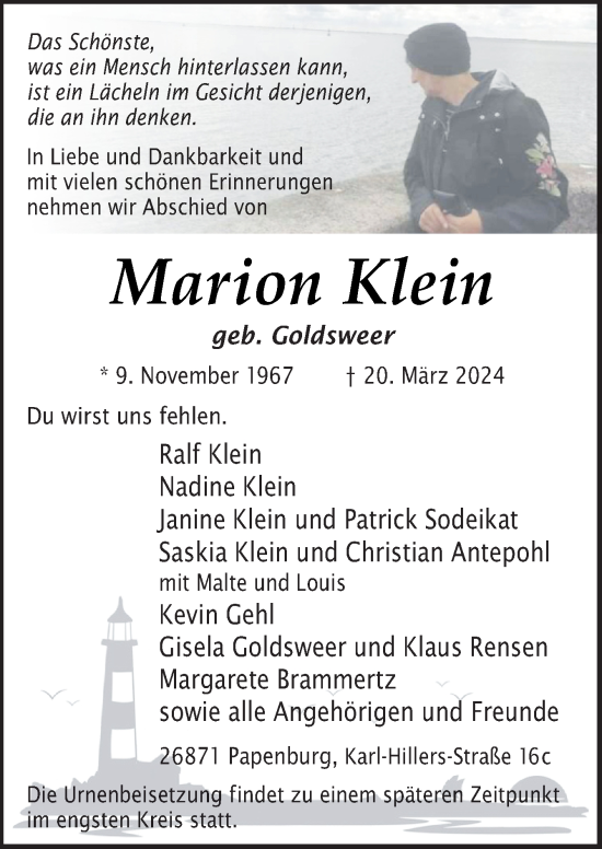 Traueranzeige von Marion Klein von Neue Osnabrücker Zeitung GmbH & Co. KG