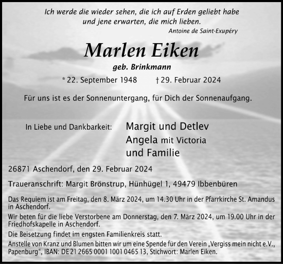 Traueranzeige von Marlen Eiken von Neue Osnabrücker Zeitung GmbH & Co. KG