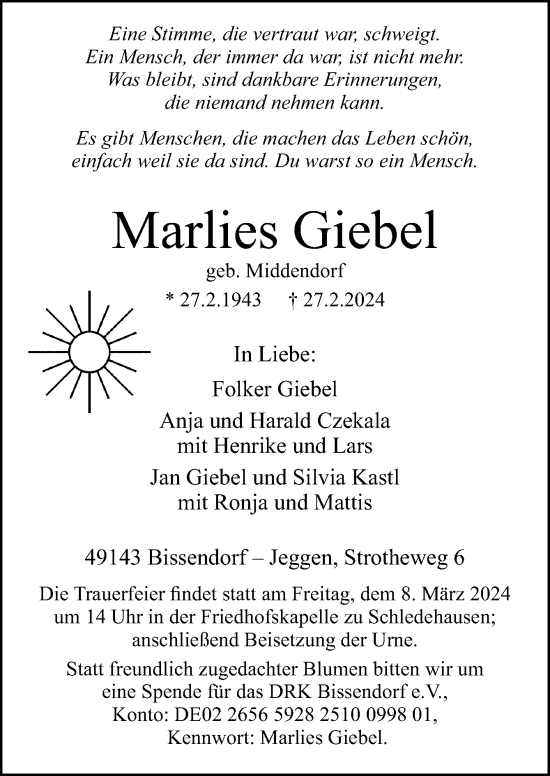 Traueranzeige von Marlies Giebel von Neue Osnabrücker Zeitung GmbH & Co. KG