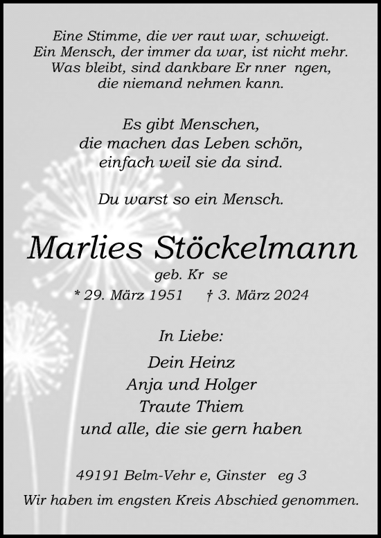 Traueranzeige von Marlies Stöckelmann von Neue Osnabrücker Zeitung GmbH & Co. KG
