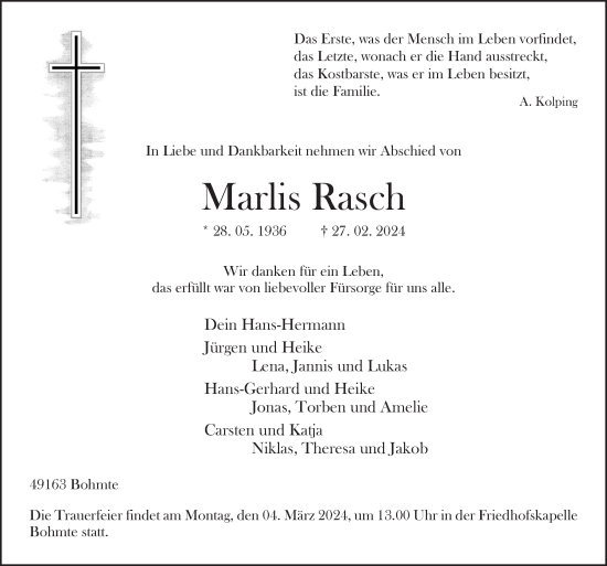 Traueranzeige von Marlis Rasch von Neue Osnabrücker Zeitung GmbH & Co. KG