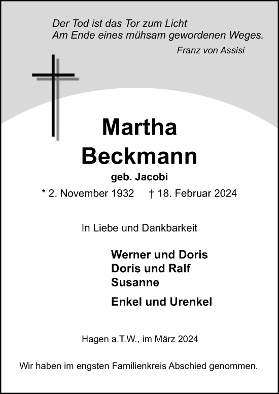 Traueranzeige von Martha Beckmann von Neue Osnabrücker Zeitung GmbH & Co. KG