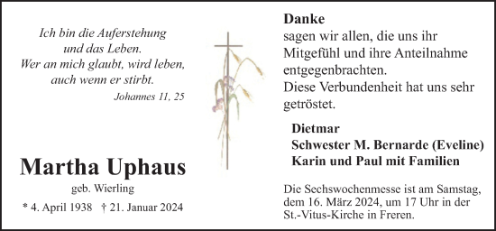 Traueranzeige von Martha Uphaus von Neue Osnabrücker Zeitung GmbH & Co. KG