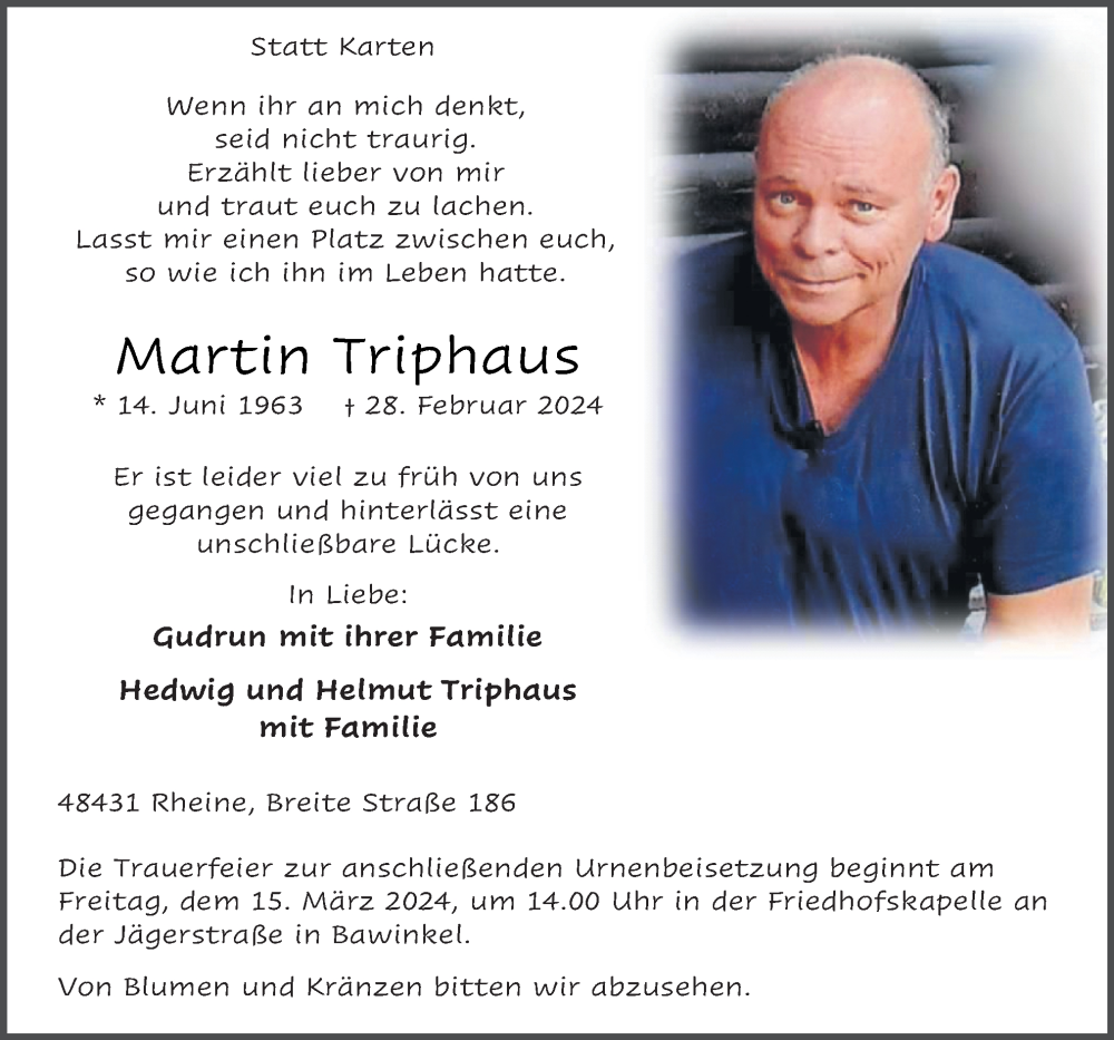  Traueranzeige für Martin Triphaus vom 09.03.2024 aus Neue Osnabrücker Zeitung GmbH & Co. KG