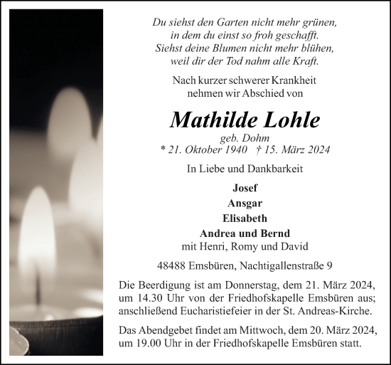 Traueranzeige von Mathilde Lohle von Neue Osnabrücker Zeitung GmbH & Co. KG