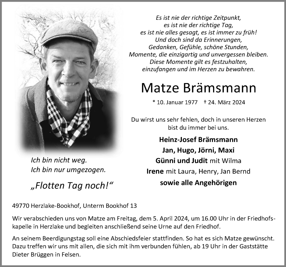  Traueranzeige für Matze Brämsmann vom 30.03.2024 aus Neue Osnabrücker Zeitung GmbH & Co. KG