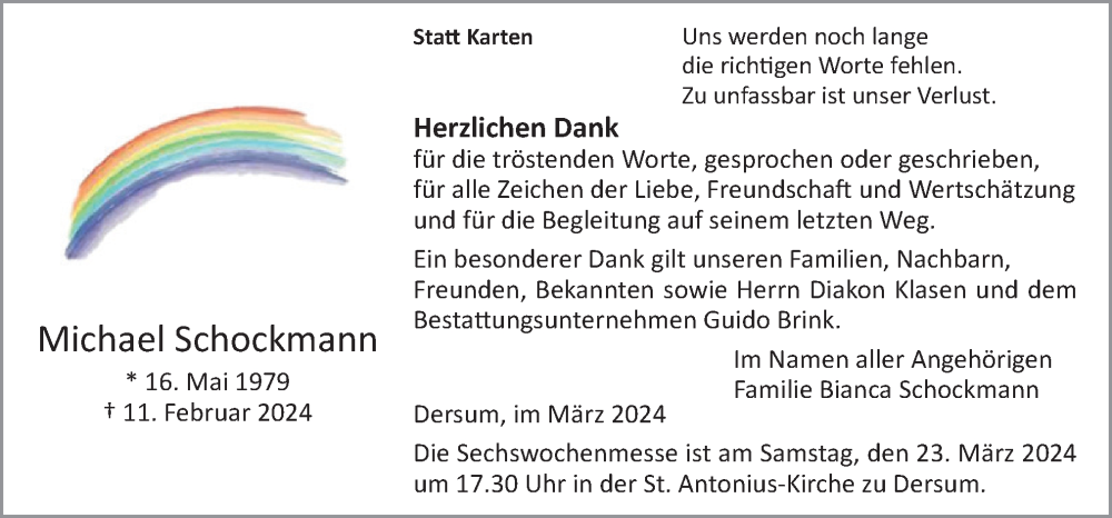  Traueranzeige für Michael Schockmann vom 20.03.2024 aus Neue Osnabrücker Zeitung GmbH & Co. KG