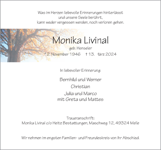 Traueranzeige von Monika Livinal von Neue Osnabrücker Zeitung GmbH & Co. KG