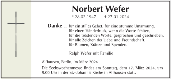 Traueranzeige von Norbert Wefer von Neue Osnabrücker Zeitung GmbH & Co. KG