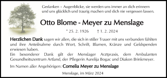 Traueranzeige von Otto Blome-Meyer zu Menslage von Neue Osnabrücker Zeitung GmbH & Co. KG