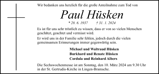 Traueranzeige von Paul Hüsken von Neue Osnabrücker Zeitung GmbH & Co. KG