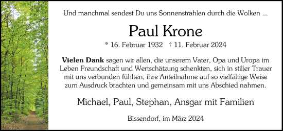 Traueranzeige von Paul Krone von Neue Osnabrücker Zeitung GmbH & Co. KG