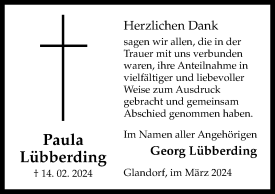 Traueranzeige von Paula Lübberding von Neue Osnabrücker Zeitung GmbH & Co. KG