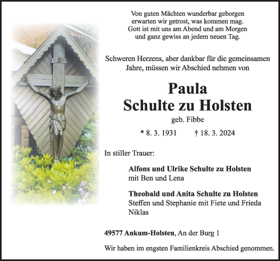 Traueranzeige von Paula Schulte zu Holsten von Neue Osnabrücker Zeitung GmbH & Co. KG