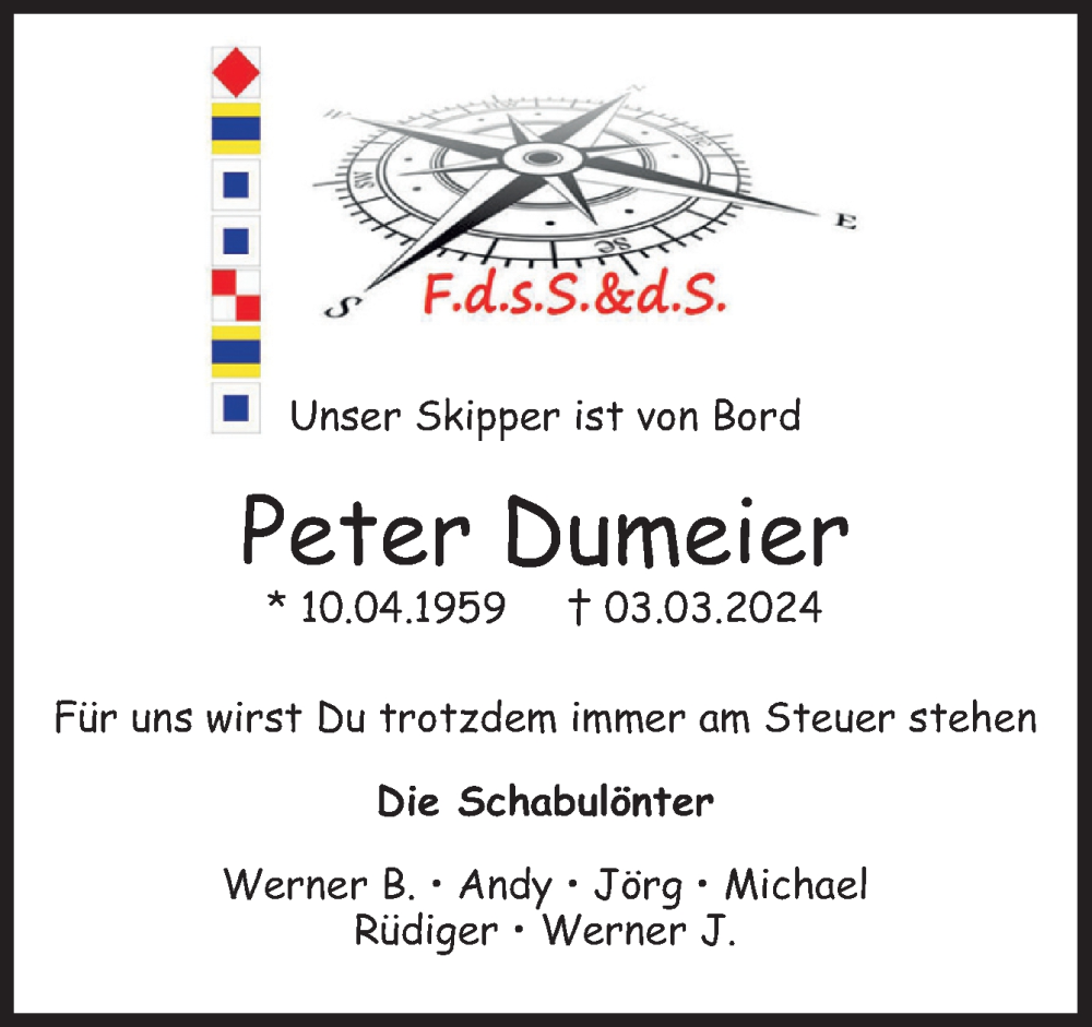  Traueranzeige für Peter Dumeier vom 16.03.2024 aus Neue Osnabrücker Zeitung GmbH & Co. KG