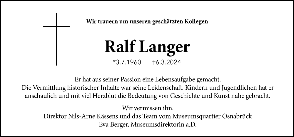  Traueranzeige für Ralf Langer vom 16.03.2024 aus Neue Osnabrücker Zeitung GmbH & Co. KG