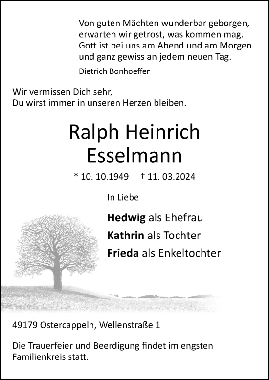 Traueranzeige von Ralph Heinrich Esselmann von Neue Osnabrücker Zeitung GmbH & Co. KG