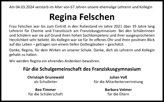 Traueranzeige von Regina Felschen von Neue Osnabrücker Zeitung GmbH & Co. KG