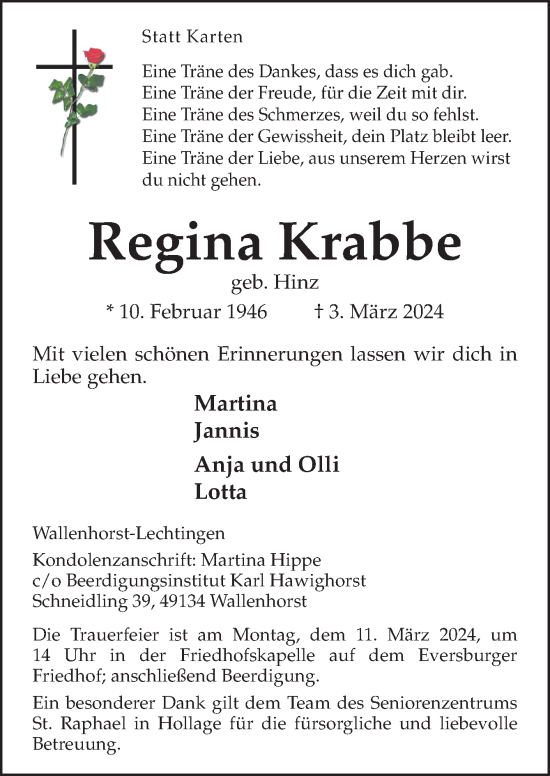 Traueranzeige von Regina Krabbe von Neue Osnabrücker Zeitung GmbH & Co. KG